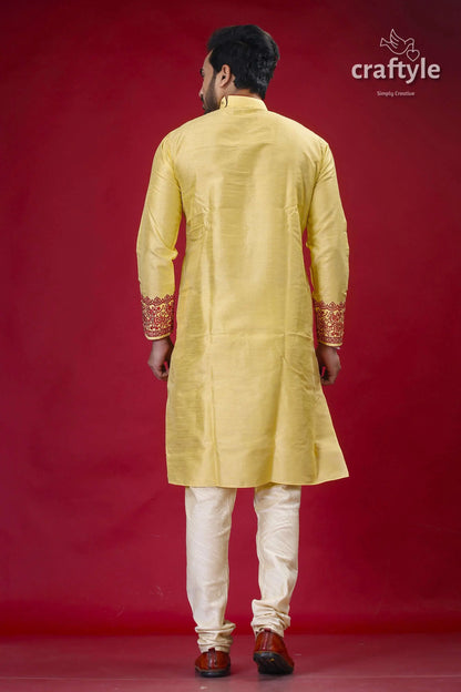 Mens silk kurta in pastel yellow and maroon with elegant embroidery man yellow kurta pajama 5