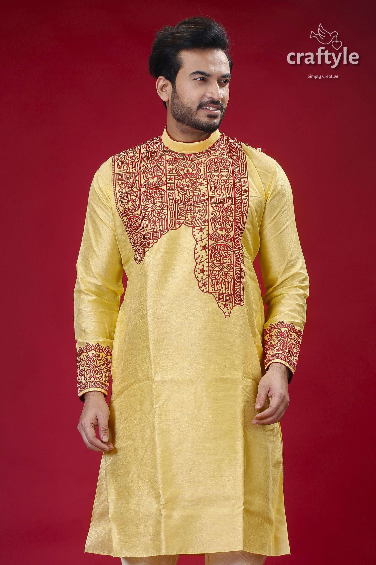 Mens Silk Kurta in Pastel Yellow and Maroon with Elegant Embroidery - Craftyle