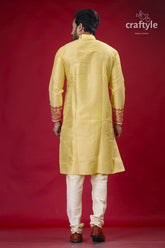 Mens Silk Kurta in Pastel Yellow and Maroon with Elegant Embroidery - Craftyle