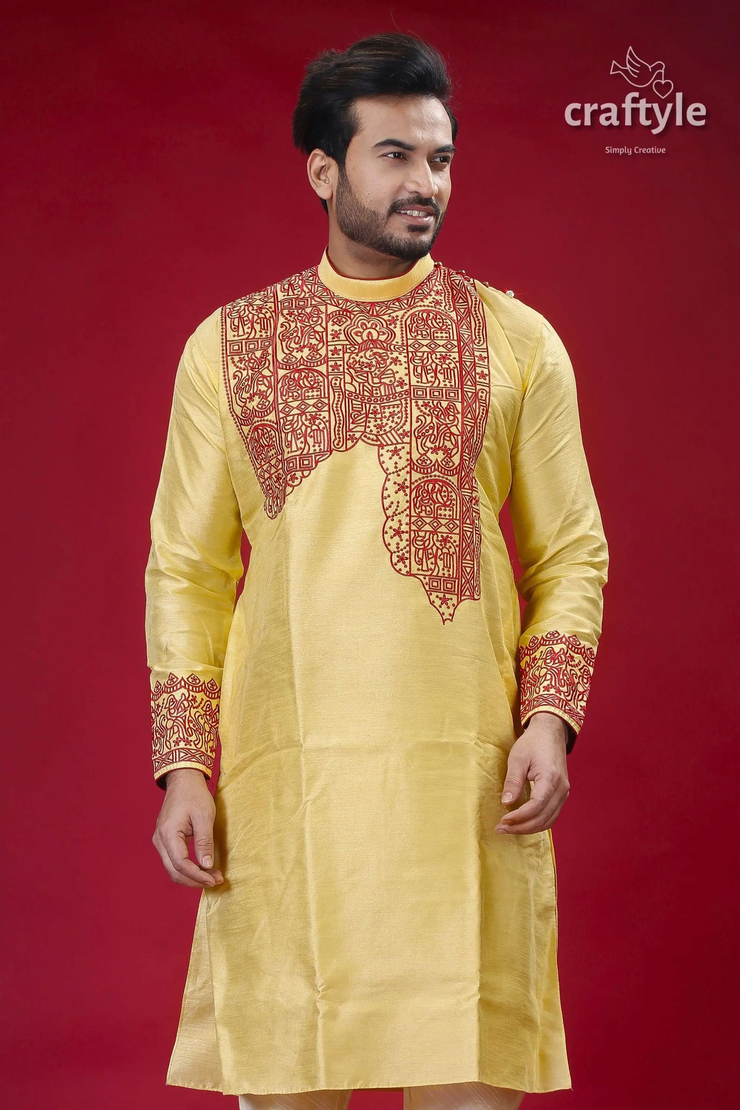 Mens silk kurta in pastel yellow and maroon with elegant embroidery yellow kurta red embroidery 2