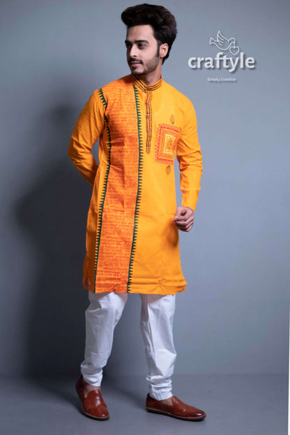 Merigold Orange Fabric Design Cotton Kurta for Men - Craftyle