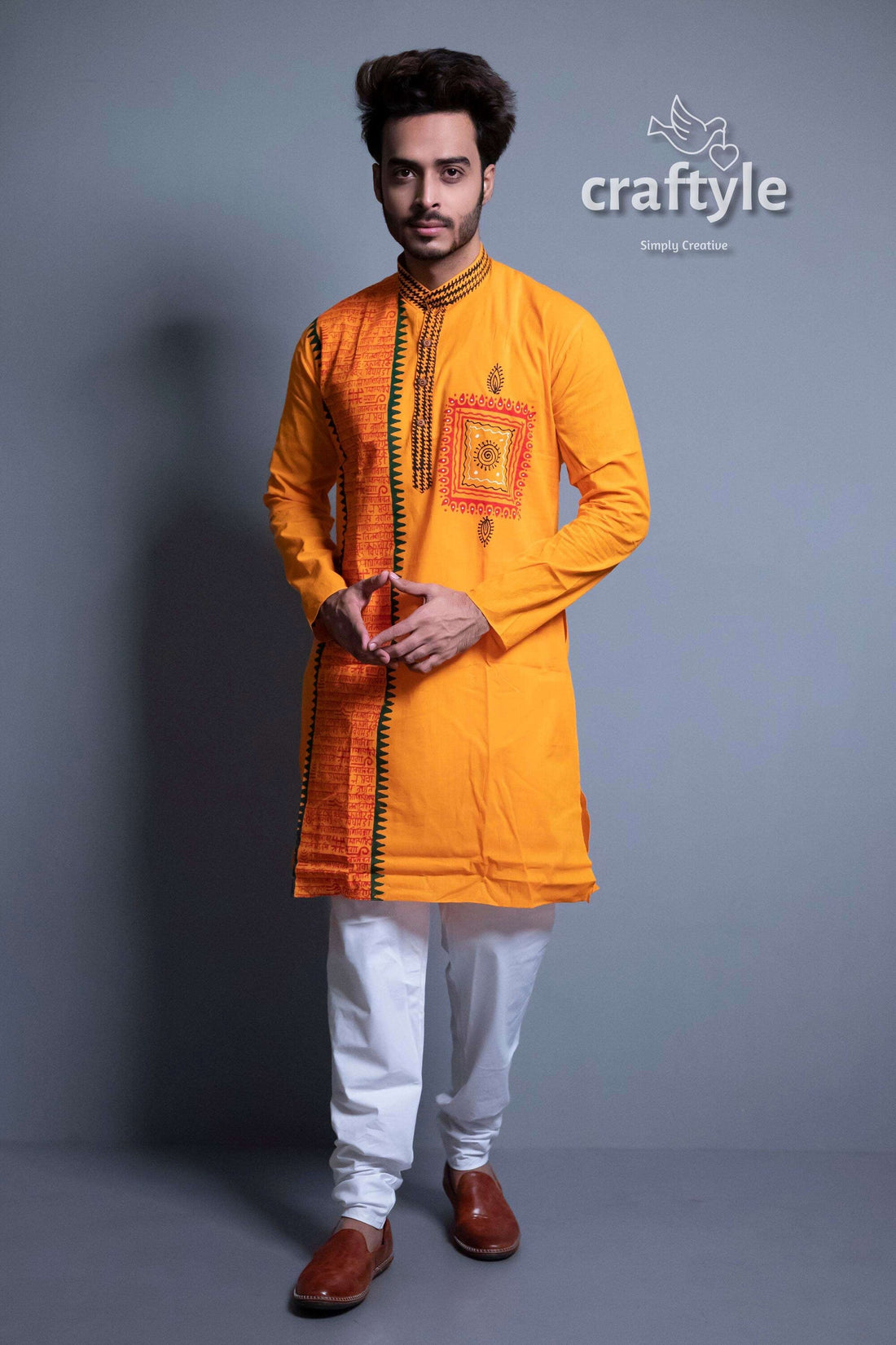 Merigold Orange Fabric Design Cotton Kurta for Men - Craftyle