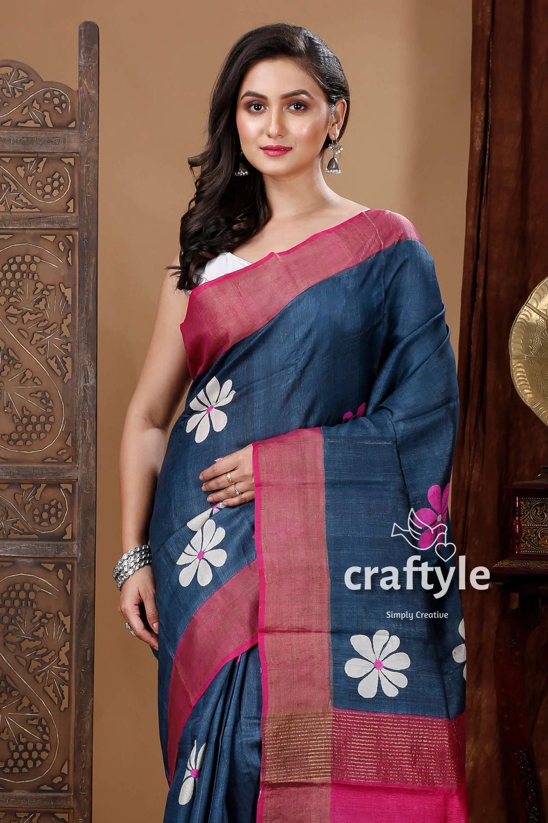 Metal black flower design hand block print zari pure tussar silk saree blue saree pink border white 2