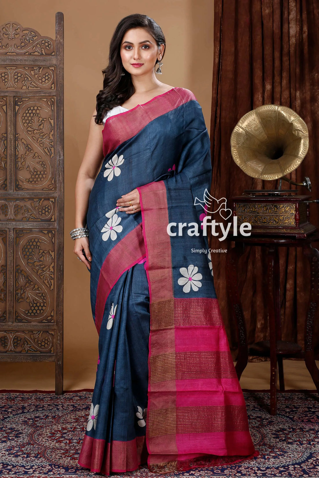 Metal black flower design hand block print zari pure tussar silk saree blue pink border white 1
