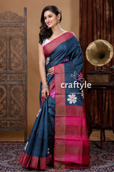 Metal Black Flower Design Hand Block Print Zari Pure Tussar Silk Saree - Craftyle