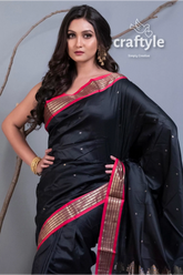 Metal black semi silk bomkai saree with blouse piece black silk saree red gold 2