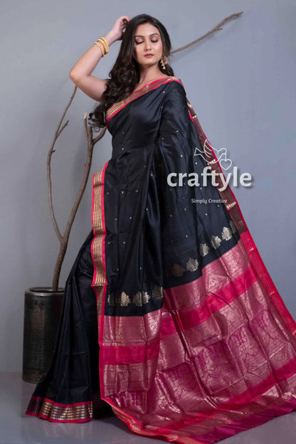 Metal black semi silk bomkai saree with blouse piece black saree pink border 3