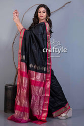 Metal black semi silk bomkai saree with blouse piece black saree pink gold border 4