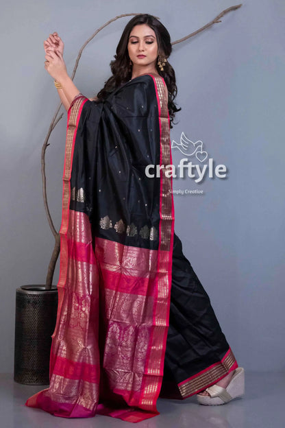 Metal black semi silk bomkai saree with blouse piece black saree pink gold border 4