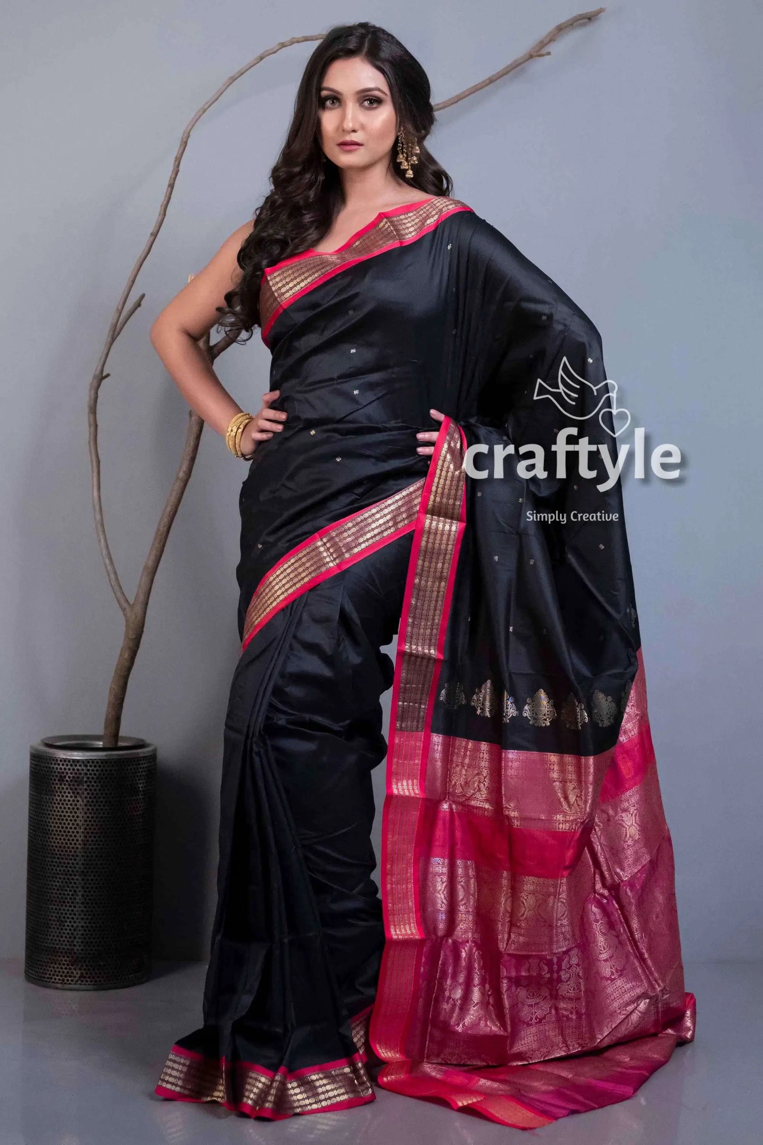 Metal black semi silk bomkai saree with blouse piece black saree pink gold border 1
