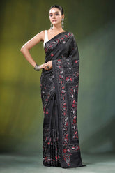Metal black swan motif handcrafted silk kantha saree intricate red 6