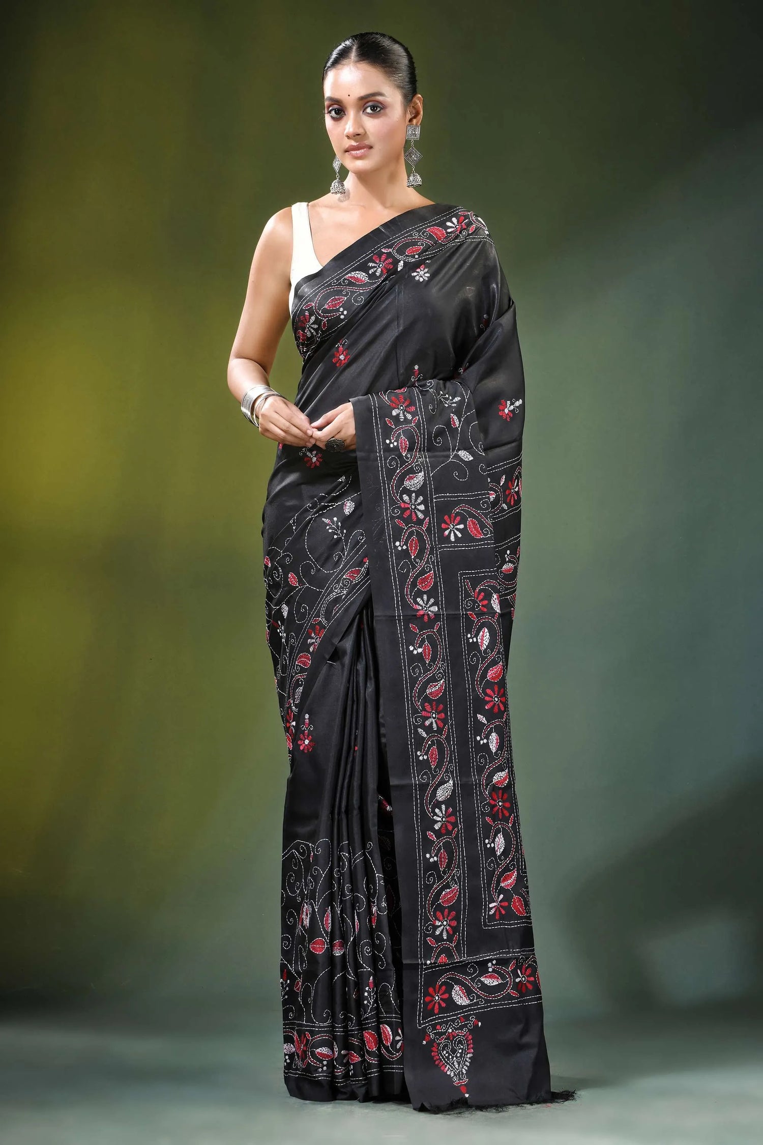 Metal black swan motif handcrafted silk kantha saree intricate red 1