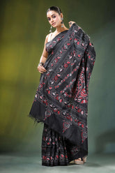 Metal black swan motif handcrafted silk kantha saree intricate red 5