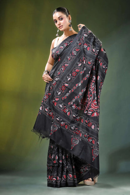 Metal black swan motif handcrafted silk kantha saree intricate red 5