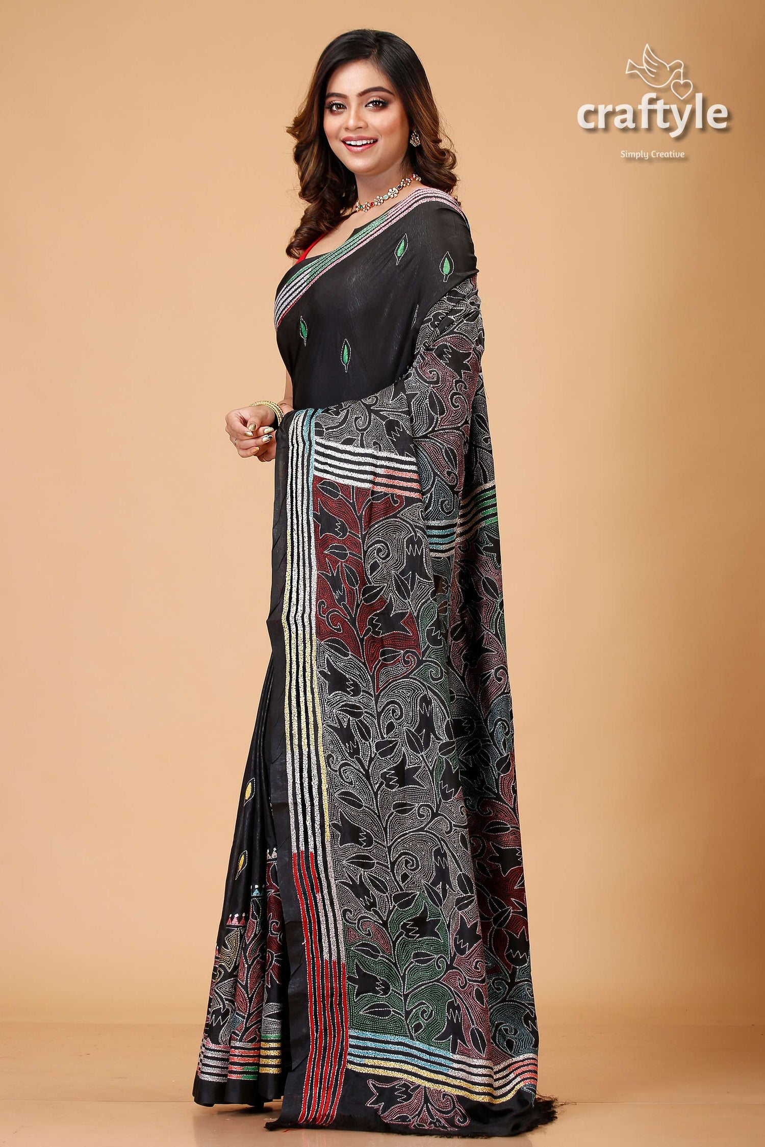 Metal Black Tulip Motif Kantha Silk Saree - Reverse Stitch-Craftyle