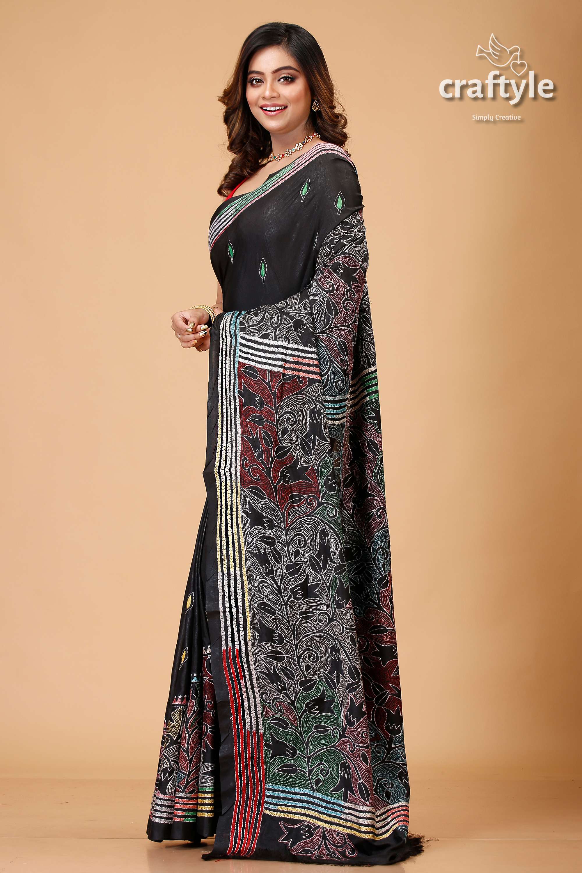 Metal Black Tulip Motif Kantha Silk Saree - Reverse Stitch-Craftyle