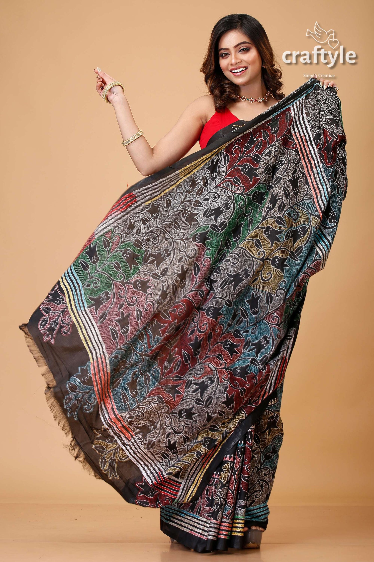 Metal Black Tulip Motif Kantha Silk Saree - Reverse Stitch-Craftyle