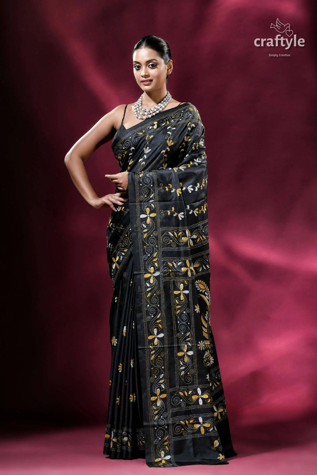 Metal black yellow thread silk kantha stitch saree elegant black saree floral embroidery 1