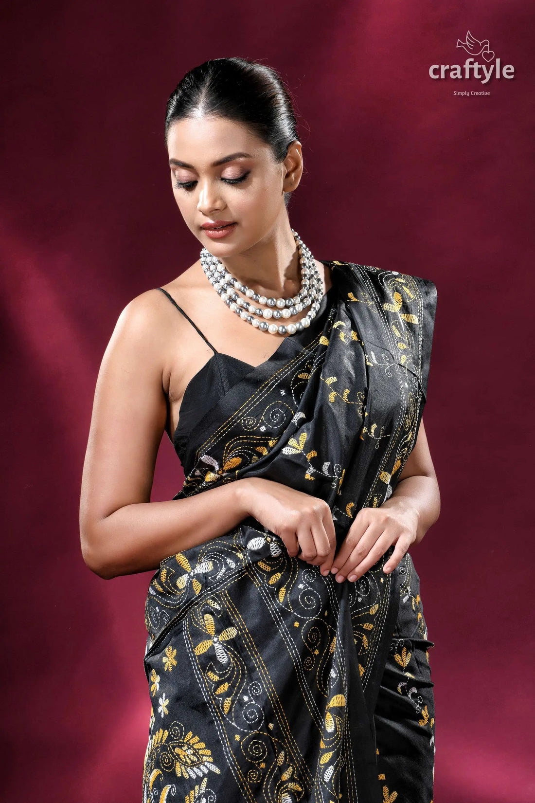 Metal black yellow thread silk kantha stitch saree elegant black saree floral embroidery 2