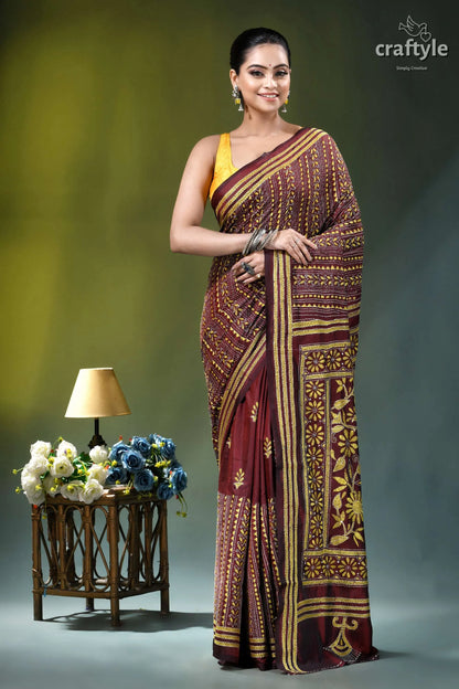 Metallic copper floral motif silk kantha stitch saree maroon gold patterned saree intricate 6