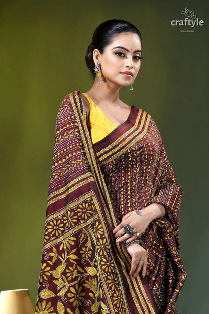 Metallic copper floral motif silk kantha stitch saree maroon gold patterned saree intricate 2