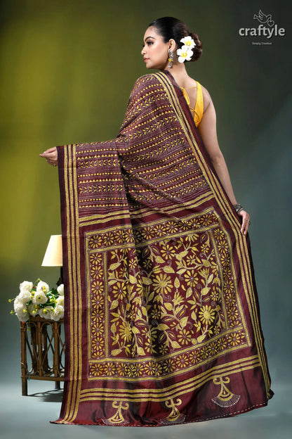 Metallic copper floral motif silk kantha stitch saree maroon gold patterned silk saree 5
