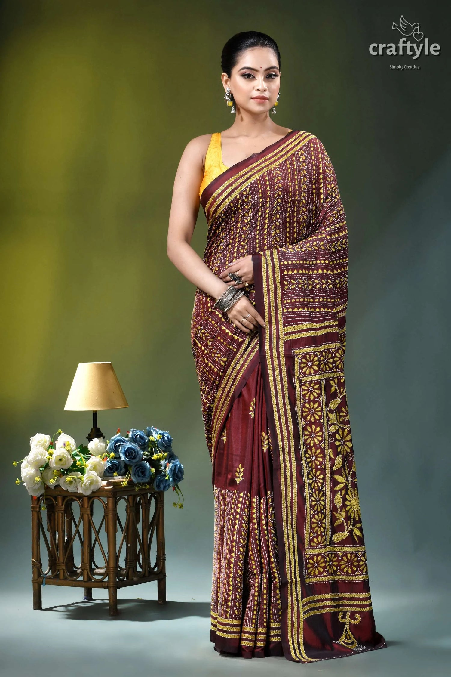Metallic copper floral motif silk kantha stitch saree maroon gold patterned saree intricate 1
