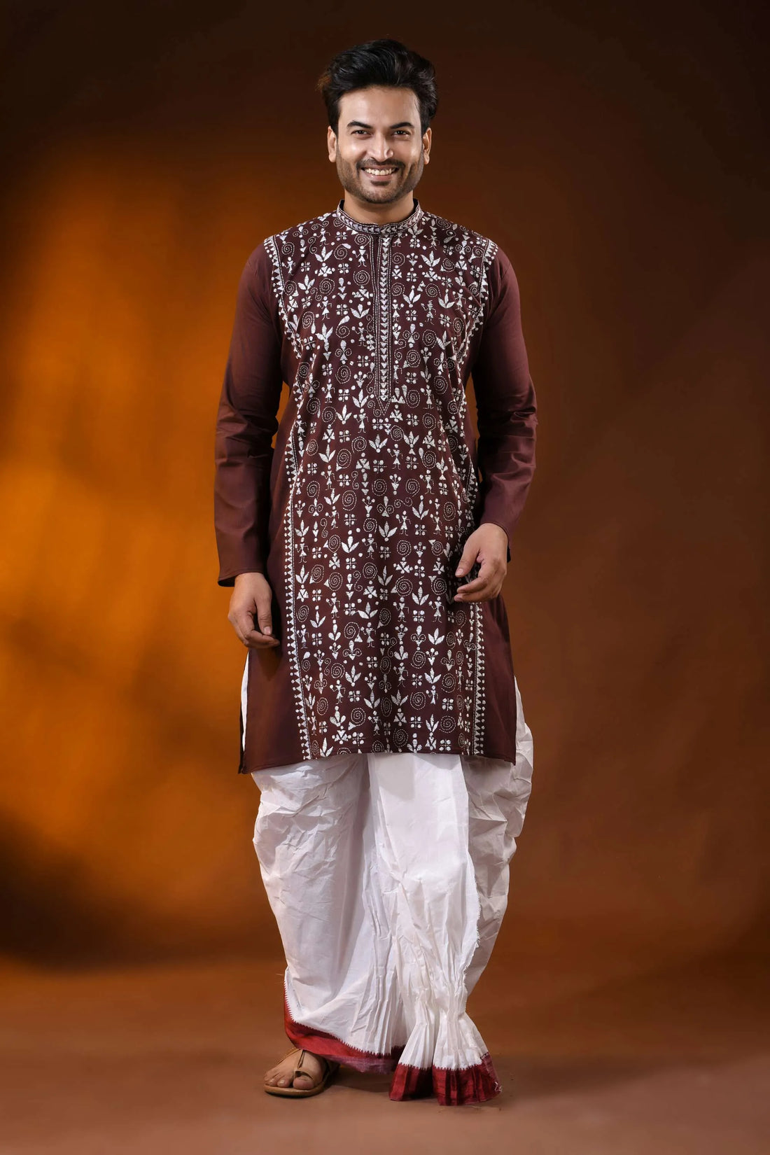 Metallic copper hand embroidered cotton kantha punjabi for men - warli design 1