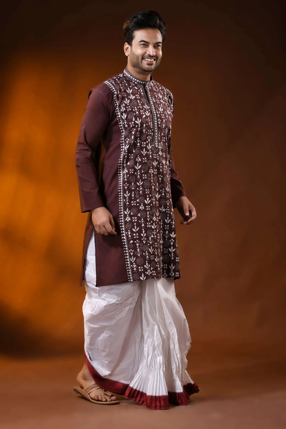 Metallic copper hand embroidered cotton kantha punjabi for men - warli design 4