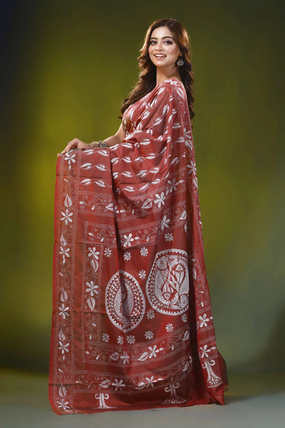 Metallic copper kantha embroidery silk saree with fish motif design 4