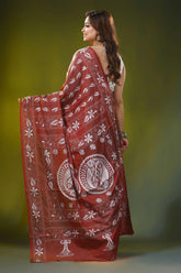 Metallic copper kantha embroidery silk saree with fish motif design 6