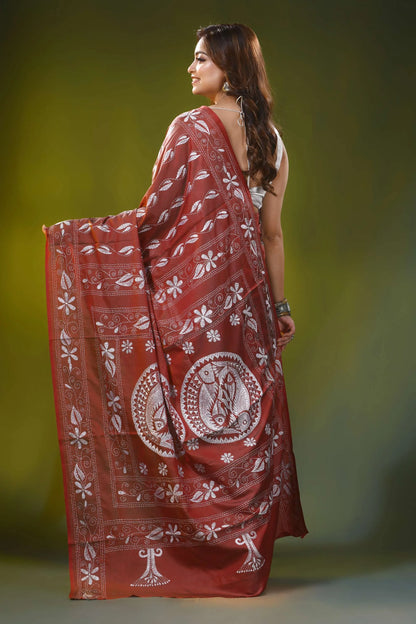 Metallic copper kantha embroidery silk saree with fish motif design 6