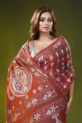 Metallic copper kantha embroidery silk saree with fish motif design 2