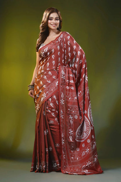 Metallic copper kantha embroidery silk saree with fish motif design 1