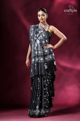 Midnight black and white exclusive silk kantha saree black white floral saree 5