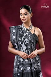 Midnight black and white exclusive silk kantha saree black saree white floral embroidery 2