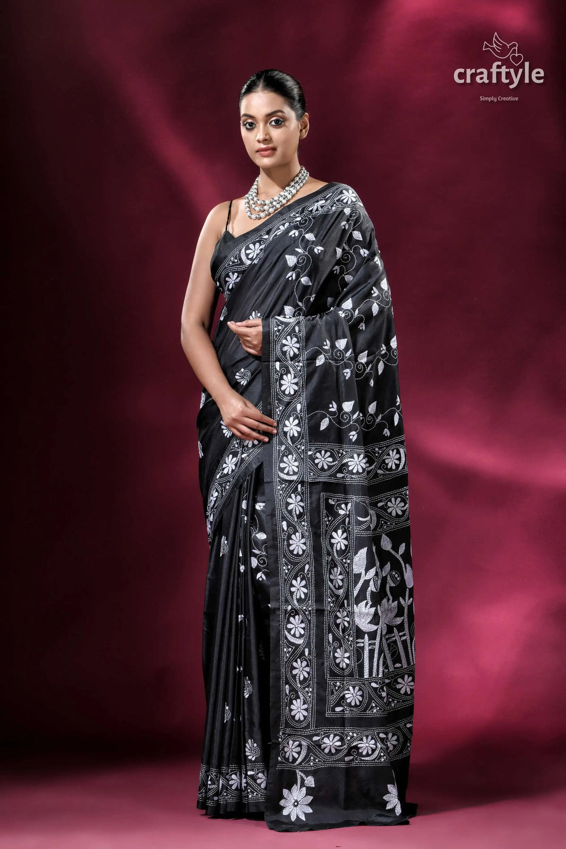 Midnight black and white exclusive silk kantha saree elegant black saree white floral 1