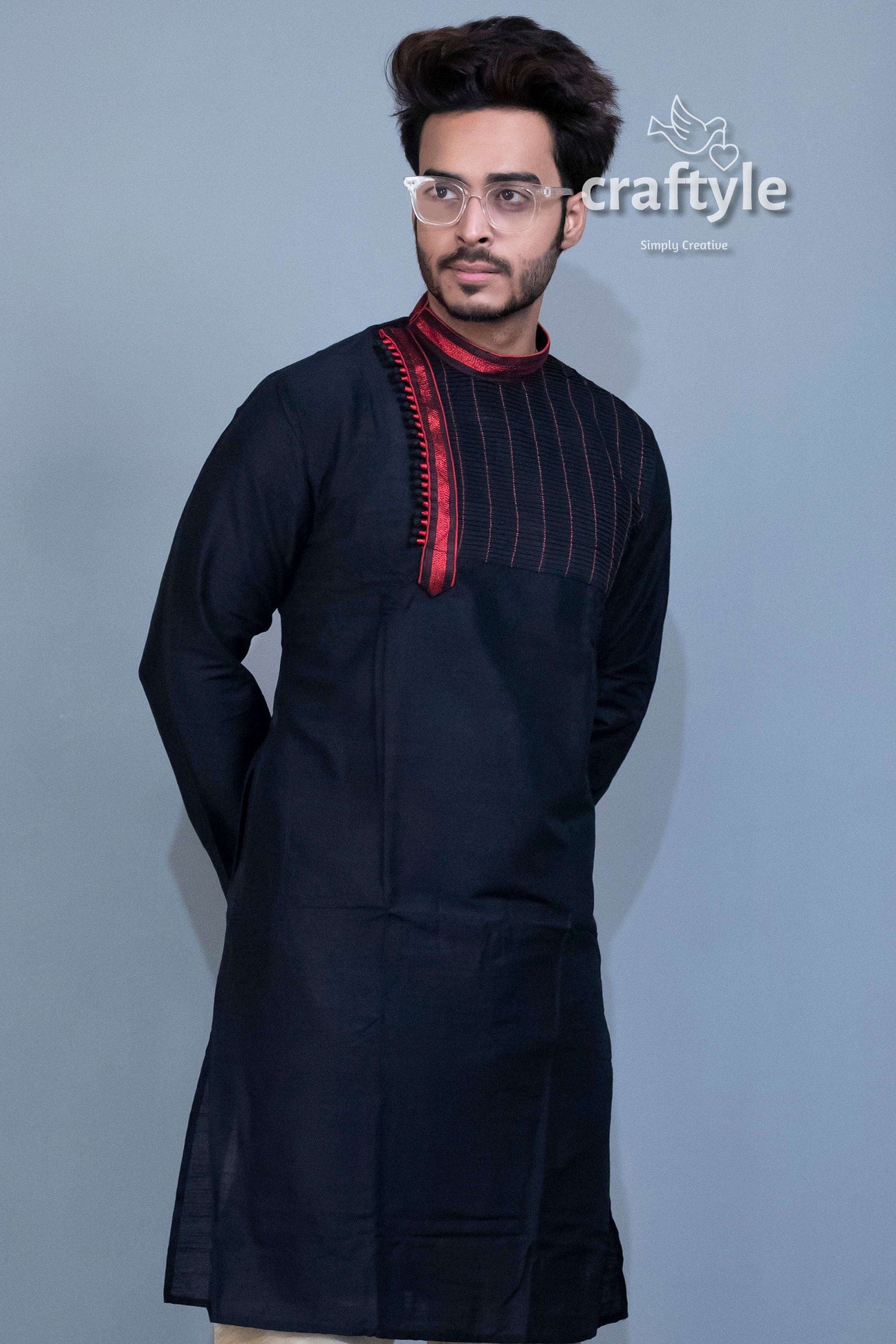 Midnight Black Ethnic Kurta - Embroidered Mens Party Wear - Craftyle