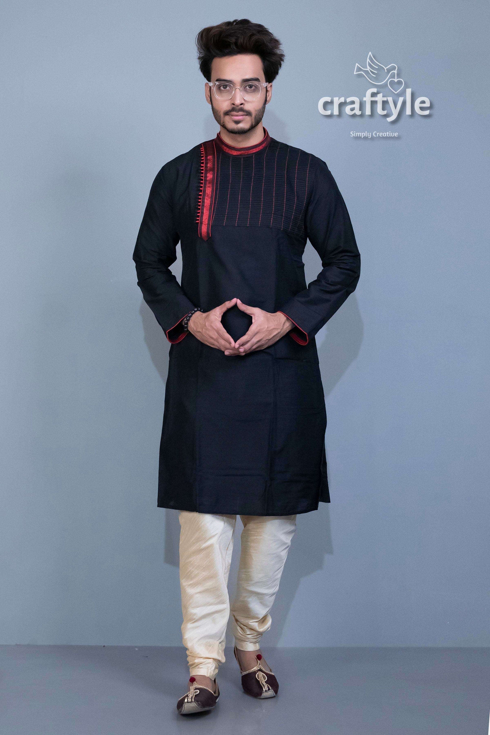 Midnight Black Ethnic Kurta - Embroidered Mens Party Wear - Craftyle