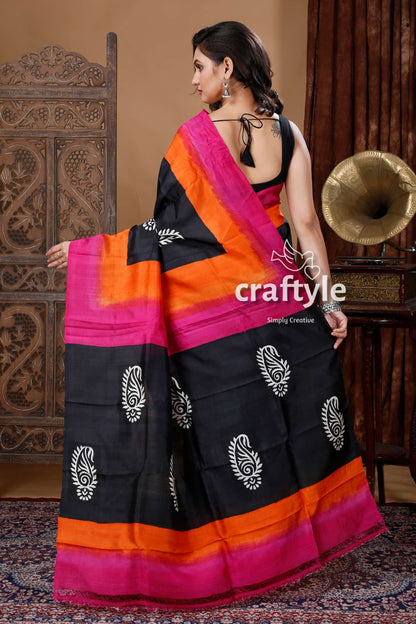 Midnight Black Hand Block Design Mulberry Pure Silk Saree - Craftyle