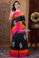 Midnight Black Hand Block Design Mulberry Pure Silk Saree - Craftyle