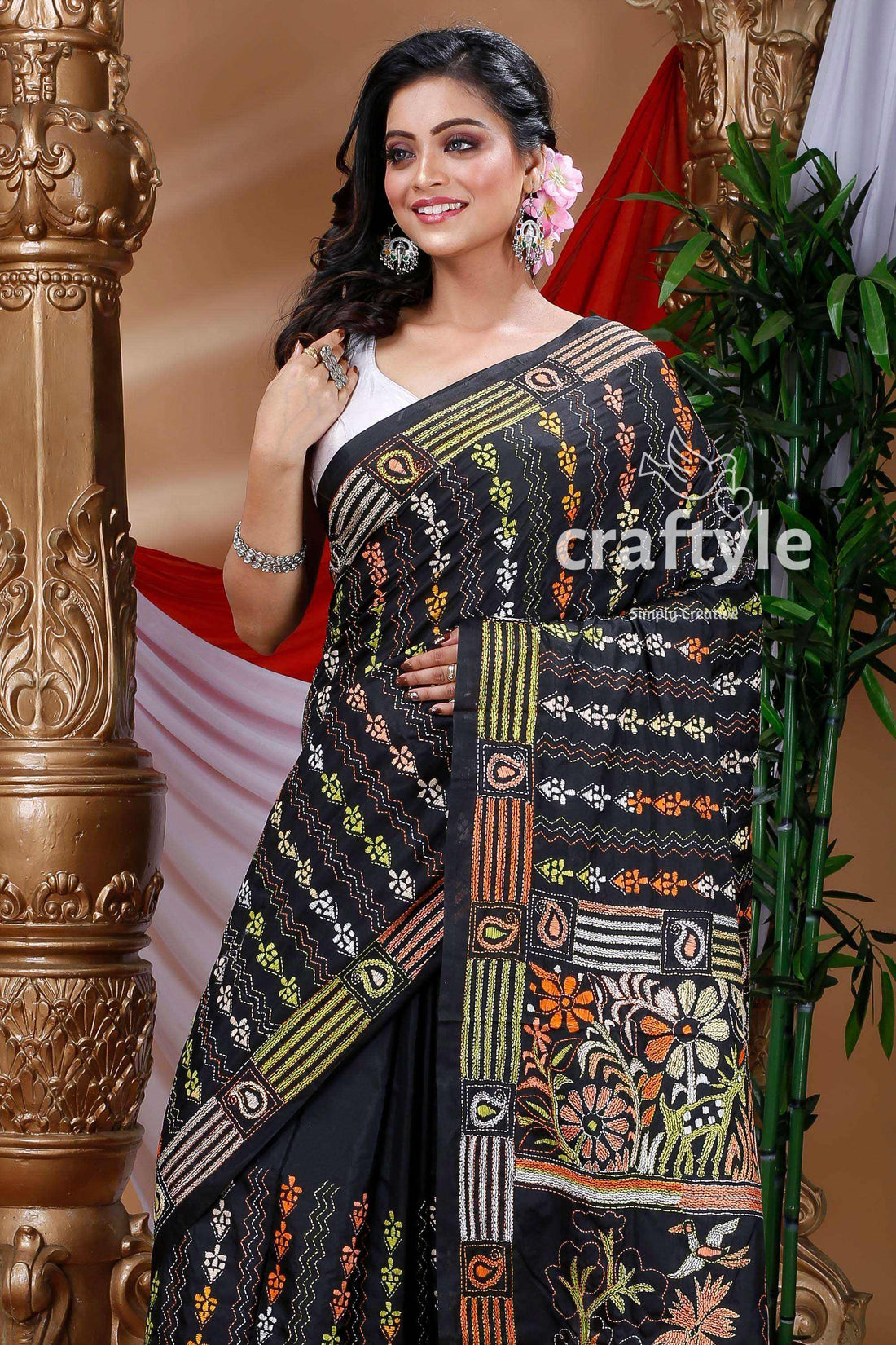 Midnight Black Kantha Embroidery Silk Saree-Craftyle