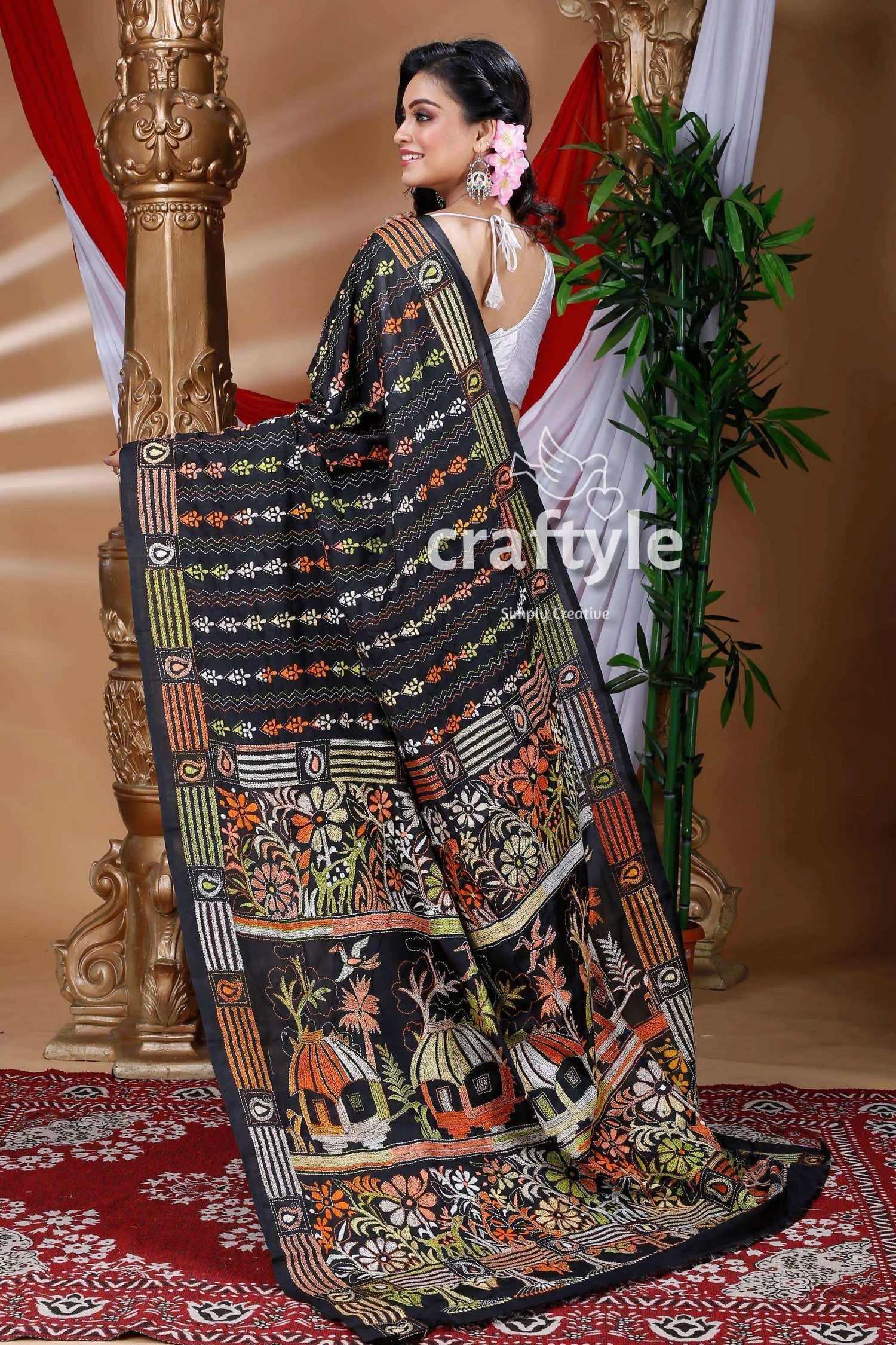 Midnight black kantha embroidery silk saree black saree colorful floral geometric 3