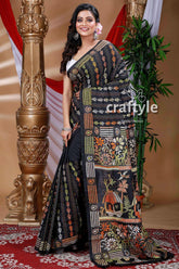 Midnight Black Kantha Embroidery Silk Saree-Craftyle