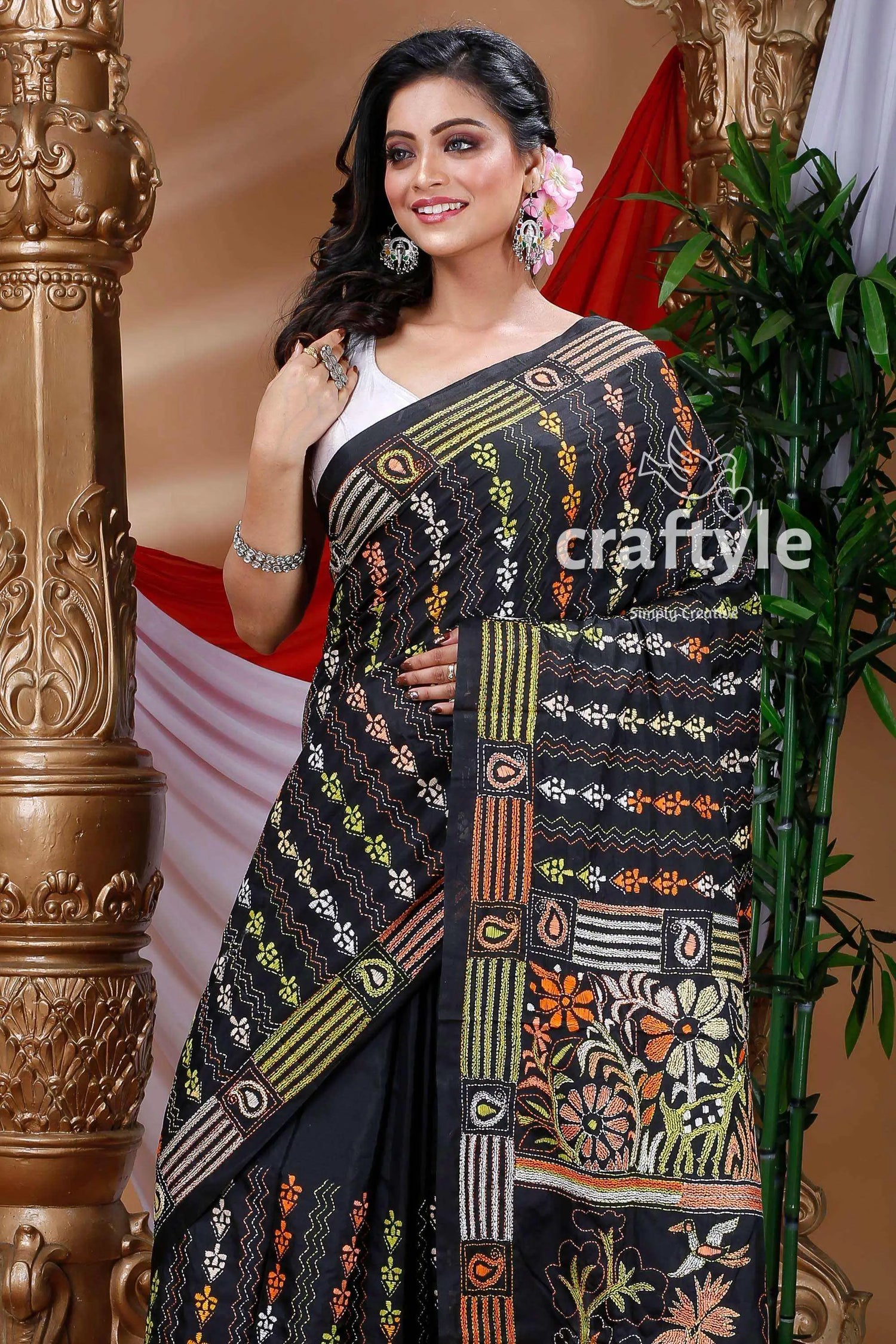 Midnight black kantha embroidery silk saree black embroidered saree 2