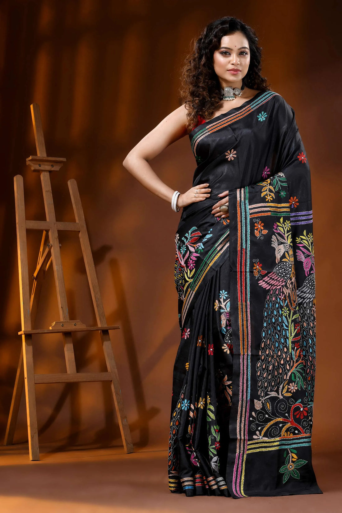 Midnight black multi-thread peacock motif kantha silk saree 1