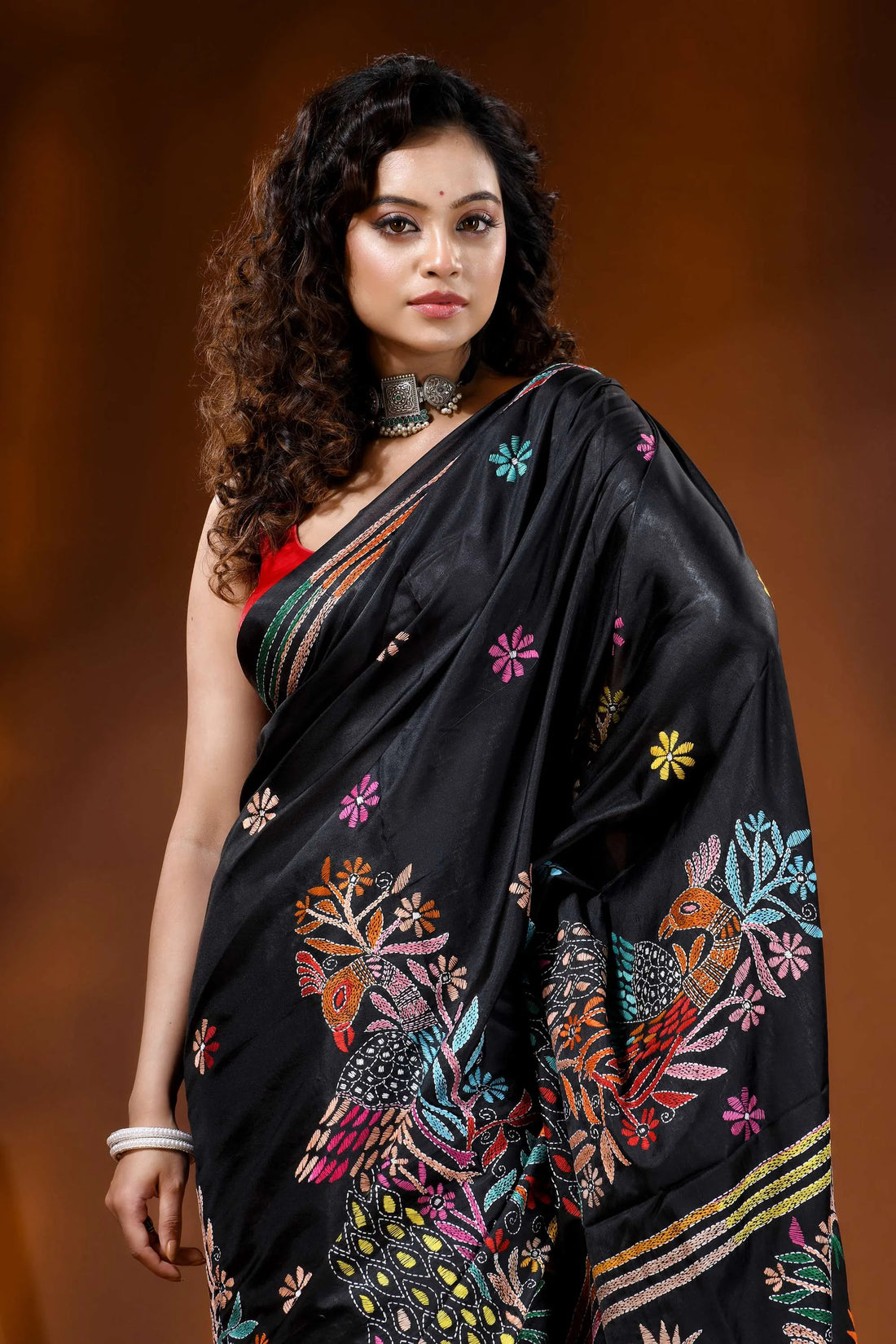Midnight black multi-thread peacock motif kantha silk saree 2