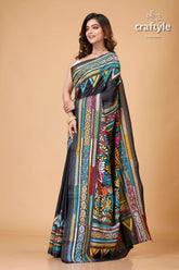 Midnight Black Multithread Silk Kantha Saree - Craftyle