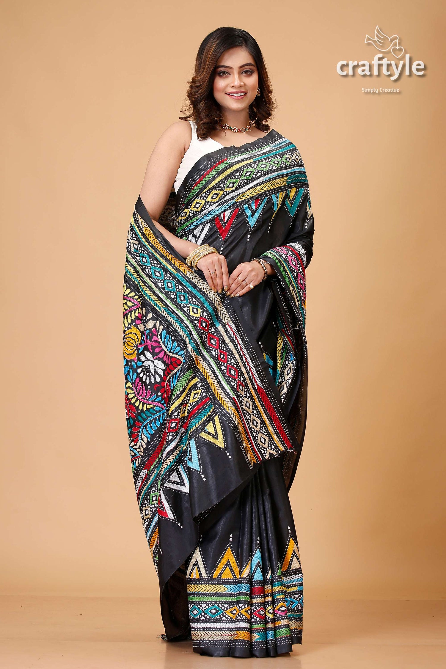 Midnight Black Multithread Silk Kantha Saree - Craftyle
