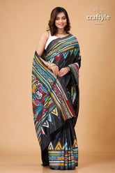 Midnight Black Multithread Silk Kantha Saree - Craftyle